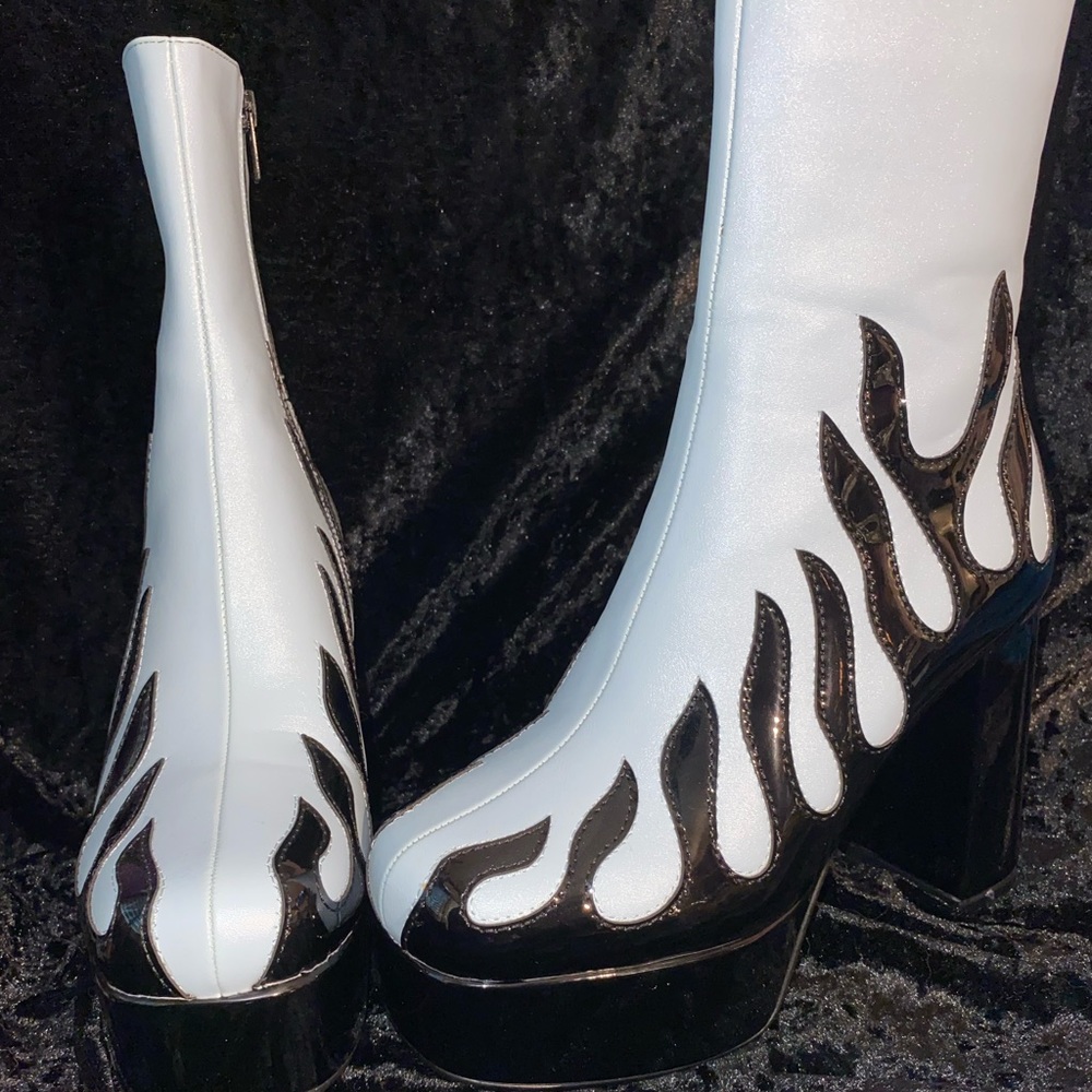 Lamoda Pale Blue & black flame platform boots.